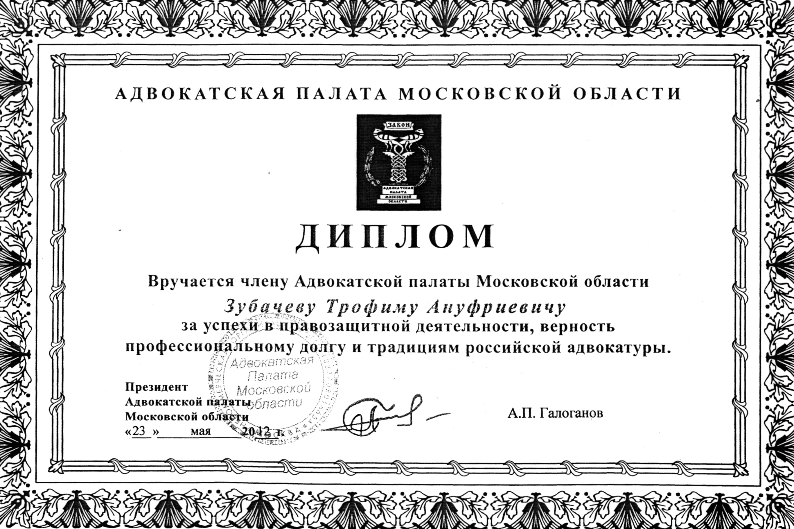 Диплом за успехи в правозащитной деятельности